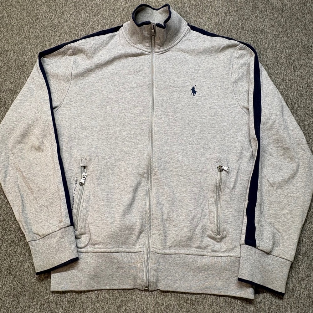 Polo Ralph Lauren Mens Grey Full Zip Track Jacket Navy Stripe Pony Logo Medium - Picture 2 of 12